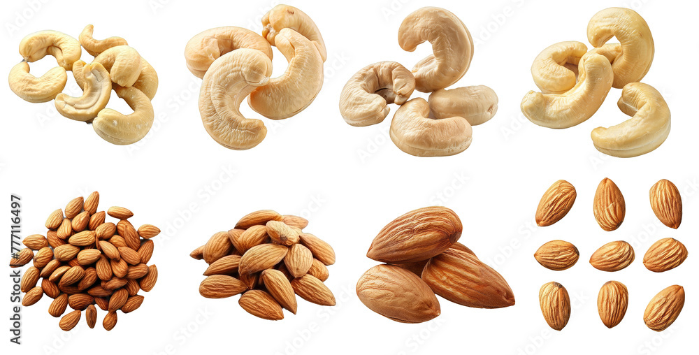 Wall mural set of cashew and almond nuts isolated on transparent background - Wall murals