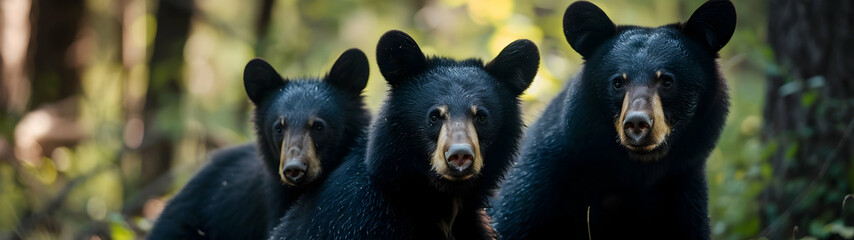 Black bear family walking towards the camera in the forest with setting sun. Group of wild animals in nature. Horizontal, banner.