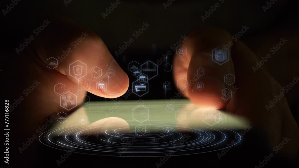 Poster circular movement of lines above which move hexagonal icons with symbols of digitalization of modern