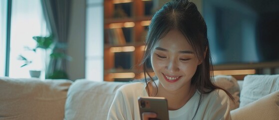 Casual Asian Young Adult Woman Enjoying Social Media on Smartphone