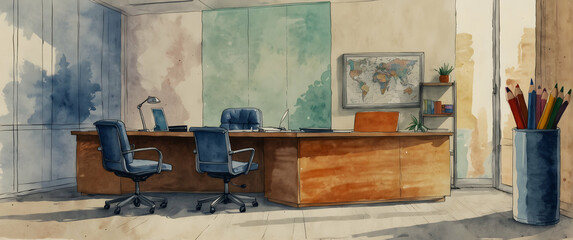 for advertisement and banner as Executive Essence The executive office essence rendered in watercolor elegance. in watercolor office room theme ,Full depth of field, high quality ,include copy space o