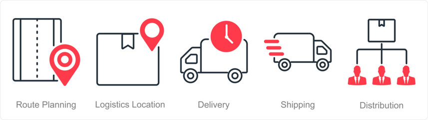 A set of 5 Logistics icons as route planning, logistics location, delivery
