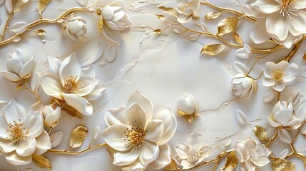 3d wallpaper with golden and white flowers, white background