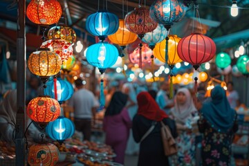 Group of individuals explore a bustling market filled with vendors and colorful lanterns during Ramadan
