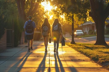 Three individuals, possibly students, walking down a sidewalk during sunset with long shadows cast by soft golden hour sunlight - obrazy, fototapety, plakaty