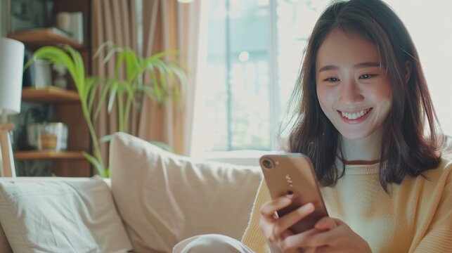 Casual Asian Young Adult Woman Enjoying Social Media on Smartphone