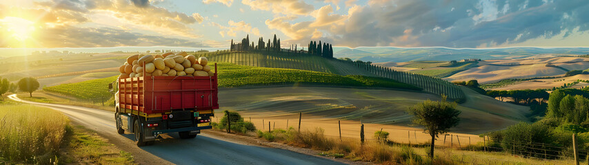 Cargo truck full of cheese products on the road in the pasture with sheep in a tuscany countryside...