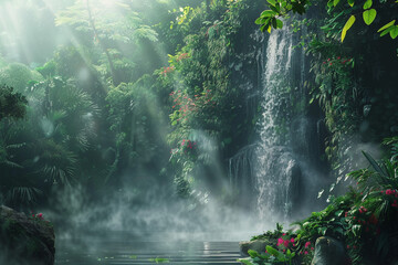 An exquisite 4K image of a cascading waterfall hidden in a lush tropical jungle, with mist rising from the plunge pool below, creating a mystical atmosphere.