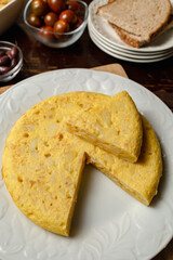Tortilla de patata (Spanish omelette), a typical dish of Spanish cuisine made with eggs and potatoes