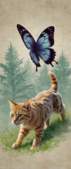 for advertisement and banner as Feline Frolic A playful kitten chasing a watercolor butterfly. in watercolor pet theme theme ,Full depth of field, high quality ,include copy space on left, No noise, c
