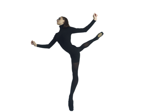 young ballerina in a black dress and sunglasses total black makes an attitude, isolated on transparent background, png