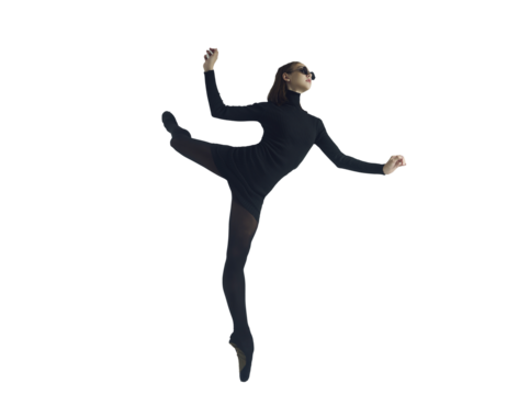 young ballerina in a black dress and sunglasses total black makes an attitude, isolated on transparent background, png