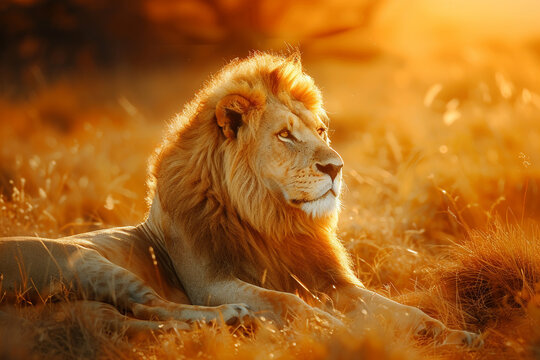 An exquisite 4K image of a majestic lion resting in the savannah, with golden fur glowing in the warm sunlight, exuding power and grace.