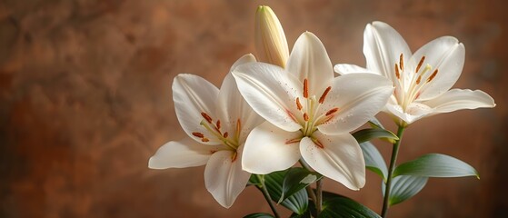 White lilies branch on a condolence card background space for text. Concept Floral Sympathy Card, White Lilies, Condolence Message, Blank Space, Elegant Design