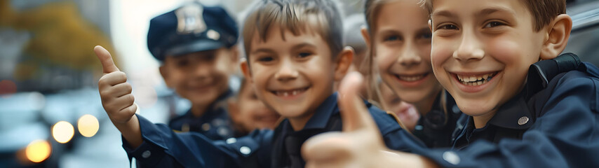 Group of children smiling, having thumbs up doing their dream job as Police Officers standing in the street with traffic. Concept of Creativity, Happiness, Dream come true and Teamwork. - obrazy, fototapety, plakaty