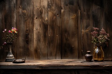 Three vases containing flowers placed on top of a dark wooden table - obrazy, fototapety, plakaty