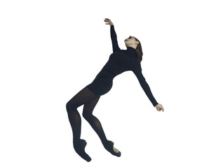 a young ballerina in a black dress and sunglasses total black demonstrates choreography on pointe shoes, isolated on transparent background, png