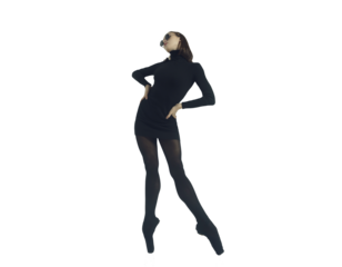 a young ballerina in a black dress and sunglasses total black demonstrates choreography on pointe shoes, isolated on transparent background, png