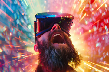 A man with a beard and curly hair wearing a VR headset is screaming in the middle of a colorful and chaotic virtual world - obrazy, fototapety, plakaty
