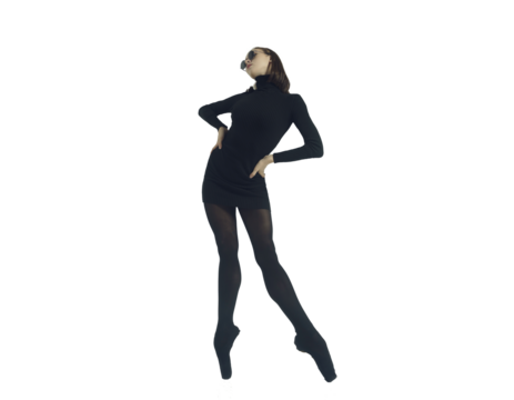 a young ballerina in a black dress and sunglasses total black demonstrates choreography on pointe shoes, isolated on transparent background, png