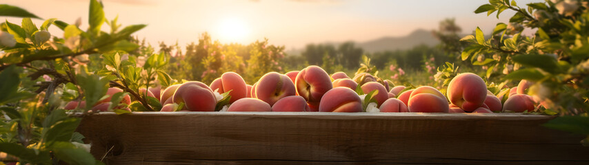 Peaches harvested in a wooden box with orchard and sunset in the background. Natural organic fruit abundance. Agriculture, healthy and natural food concept. Horizontal composition, banner.