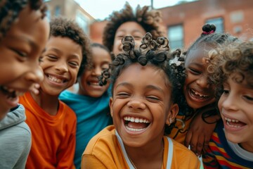 A group of African American children playing and laughing together in a schoolyard