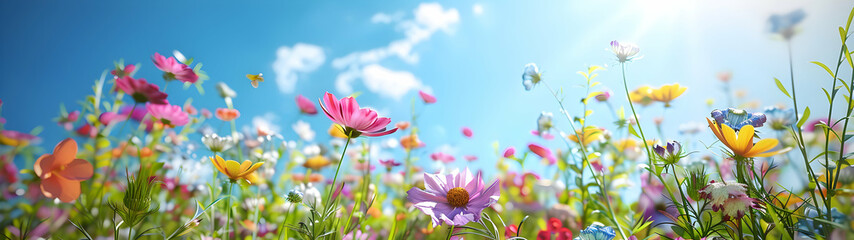 Closeup of summer meadow with colorful flowers, blue sky and sunshine in the background.