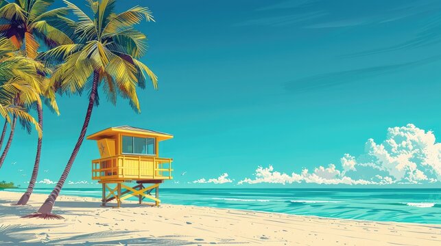 Illustration of a yellow lifeguard booth on a deserted sandy beach with tropical palm trees. Travel banner with space for text.
