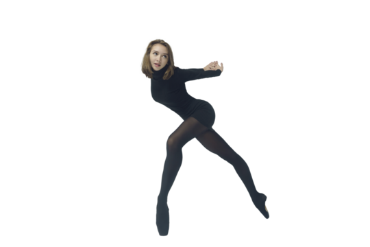 a young ballerina in a black dress and sunglasses total black demonstrates choreography on pointe shoes, isolated on transparent background, png