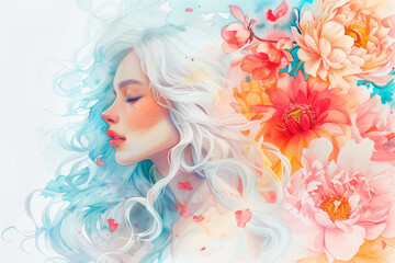 Watercolor young woman with flowers portrait art. Colorful creative watercolor illustration. The young lady with flowers adorning her hair