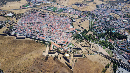 Aerial drone view of fortifications, Garrison Border Town of Elvas and its Fortifications. Unesco world heritage Portugal. Historic site. Touristic destination for holidays. Portugal, Alentejo, Elvas. - obrazy, fototapety, plakaty