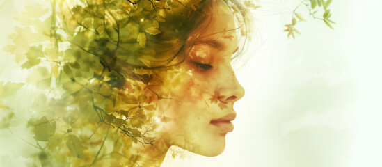 Double exposure portrait woman with a plants and leaves. Colorful creative watercolor illustration
