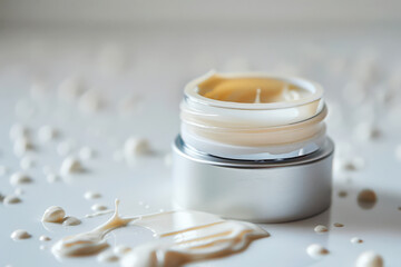 Fototapeta na wymiar A luxurious cream spills elegantly from an open jar, symbolizing skincare and beauty. Its rich texture against a pure white background evokes a sense of indulgence and self-care.