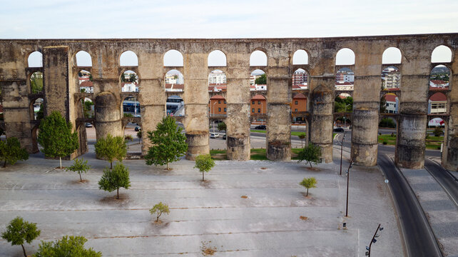 Aerial drone view of fortifications, Garrison Border Town of Elvas and its Fortifications. Unesco world heritage Portugal. Historic site. Touristic destination for holidays. Portugal, Alentejo, Elvas.