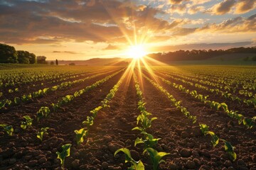 The sun dips below the horizon, casting a warm golden light over a vast field of crops