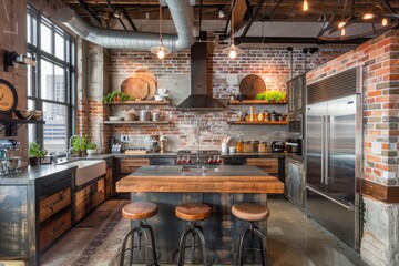 Urban loft style kitchen with exposed brick walls and generous counter space