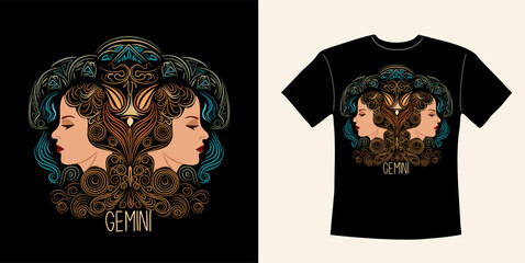 T-shirt design with Gemini zodiac sign. Gemini Zodiac symbol with beautiful girl hand drawn vector colorful illustration on black background. Astrological contemporary art, magic female character. - obrazy, fototapety, plakaty
