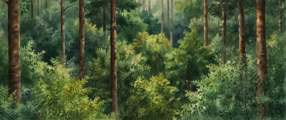 for advertisement and banner as Forest Canopy A watercolor canopy of forest greenery from a bird eye view. in watercolor landscape theme theme ,Full depth of field, high quality ,include copy space on