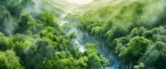 for advertisement and banner as Forest Canopy A watercolor canopy of forest greenery from a bird eye view. in watercolor landscape theme theme ,Full depth of field, high quality ,include copy space on - obrazy, fototapety, plakaty