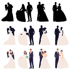 set of bride and groom silhouette on white background vector