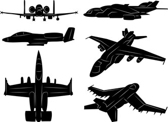 set of combat aircraft silhouette on white background vector