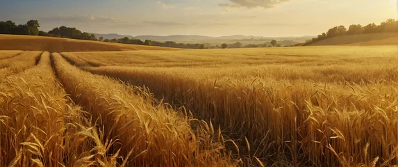 Foto op Canvas for advertisement and banner as Golden Fields Depict the warmth and richness of landscapes bathed in golden hues. in Fresh Landscape theme ,Full depth of field, high quality ,include copy space on lef © Gohgah