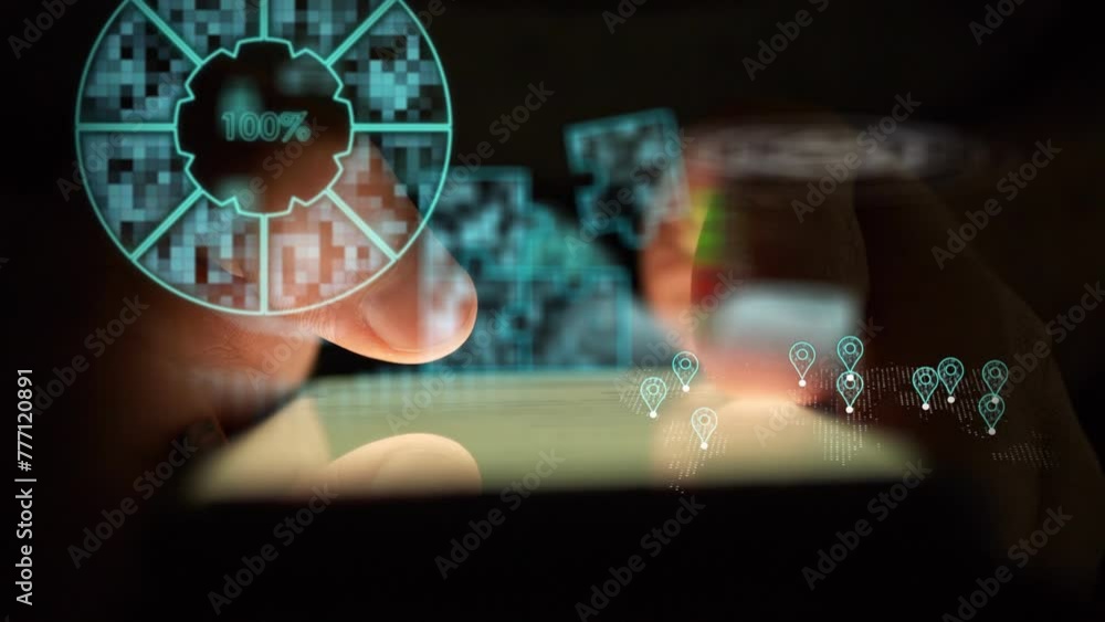 Poster animated background with zooming charts and puzzles, graphs with digital indicators against the back