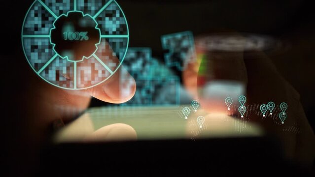 Animated background with zooming charts and puzzles, graphs with digital indicators against the background of a smartphone used in the dark. The concept of financial development and progress. Cg