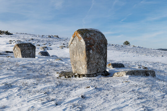 Stecci Medieval Tombstones Graveyards in Ravanjska Vrata in Kupres, Bosnia and Herzegovina. Unesco site. The tombstones feature a wide range of decorative motifs and inscriptions.