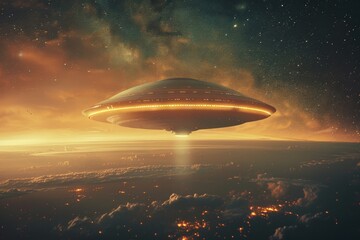 Naklejka na ściany i meble Flying saucer landing on Earth, with a focus on its otherworldly features and mysterious aura, resembling a scene from a science.
