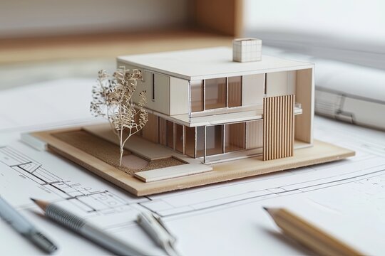 An architectural model of a modern house sits atop design blueprints, with an ink pen and pencil next to it