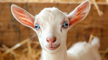 Obraz premium Captivating baby goat with stunning blue eyes in a charming and rustic barn environment