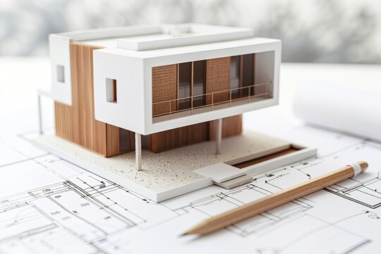 An architectural model of a modern house sits atop design blueprints, with an ink pen and pencil next to it