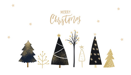 Merry Christmas greeting card, winter forest, black and golden trees on white banner. vector textured simple holiday decoration